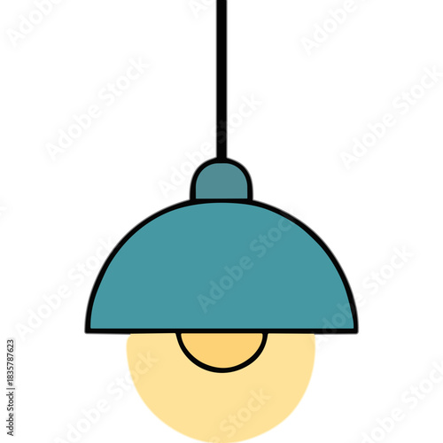 Minimalist Teal Pendant Light Fixture with Warm Yellow Glow Suspended from a Black Cord Against a Stark Black Background Simple Overhead Lighting Design