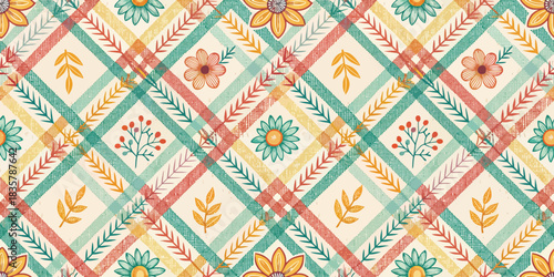 Colorful floral patterned fabric featuring vibrant flowers and leaves in a charming diamond layout.