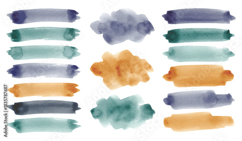 A vibrant set of hand-painted watercolor brush strokes and swatches in blue, green, and orange tones. Artistic design elements isolated on a white background for creative projects.