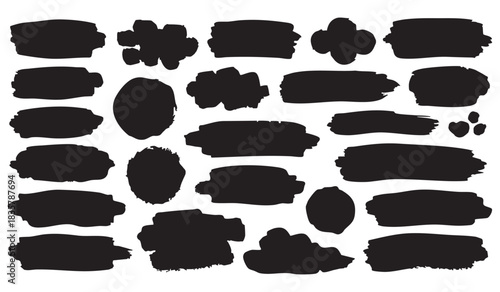 A versatile collection of black paint brush strokes and abstract grunge texture elements for creative design. Isolated set of hand-drawn ink spots, smudges, and shapes on white background.