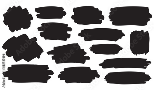 Collection of black grunge brush strokes and marker highlights. Set of abstract hand-drawn ink stains, paint daubs, and messy textures for creative graphic design elements.