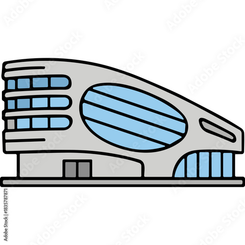 Modern Futuristic Architecture Building with Curved Lines and Blue Glass Windows against a Black Background