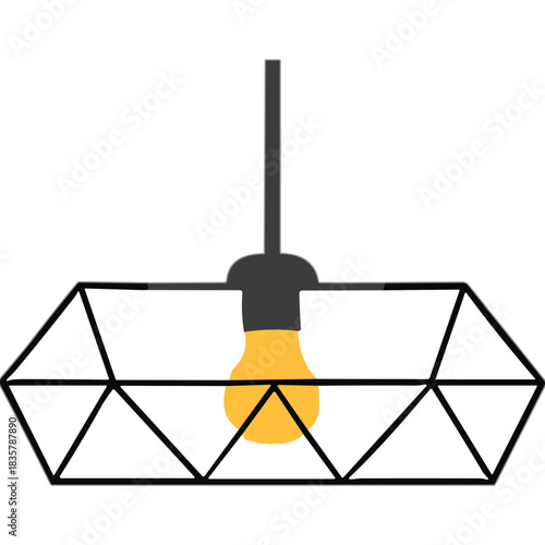 Modern Geometric Wire Frame Pendant Light Fixture With Warm Yellow Incandescent Bulb Hanging From Dark Gray Ceiling Mount Against Black Background