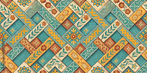 Colorful patterned tiles in vibrant hues of blue, orange, and yellow, showcasing intricate floral designs.