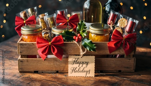 Rustic wooden gift crate filled with premium gourmet treats including artisanal jams, wine bottles, crackers, and snacks. Red velvet bows and holly create festive appeal perfect for holiday marketing.