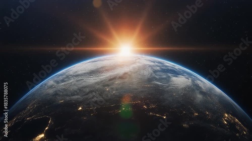 A vibrant 3d globe floats in the dark universe as the sun creates a golden sunrise over the blue ocean atmosphere while the moon hangs near the stars on the black horizon of space