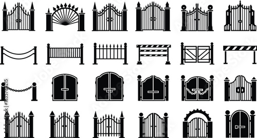 Black gate and fence silhouette icons, wrought iron, wooden, industrial, decorative, barrier, railing, urban design, architecture, security, entryway, vector set