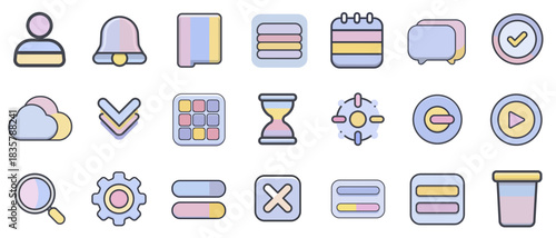 Collection of Flat Design UI Interface Icons in Soft Pastel Colors