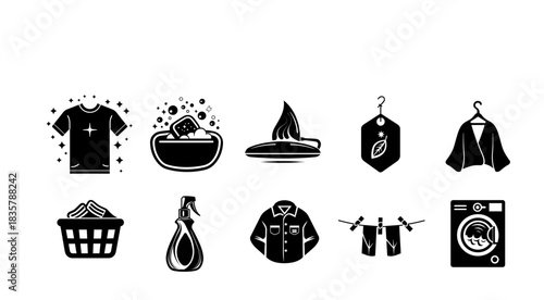 Set of Laundry and Clothing Care Black and White Icons
