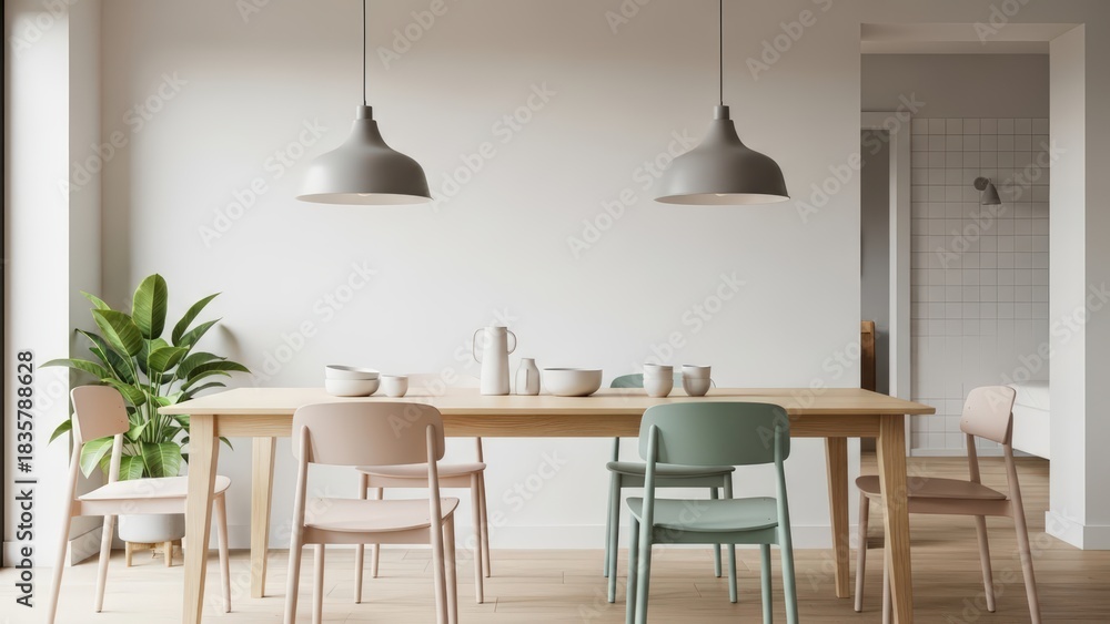 Fototapeta premium Bright Dining Room with Colorful Chairs and Pendant Lights.