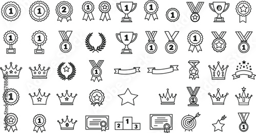 Award icons, achievement symbols, trophy vector set, medal illustration, first place,