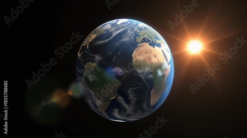 A glowing 3d blue globe rotates in the black universe showing a sunlit atmosphere over the ocean and continents of the planet earth