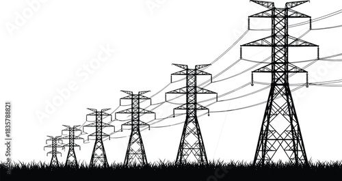 Electric power transmission line silhouette, high-voltage electricity pylons escalating in size across a grassy field, energy infrastructure network, supply and utility concept