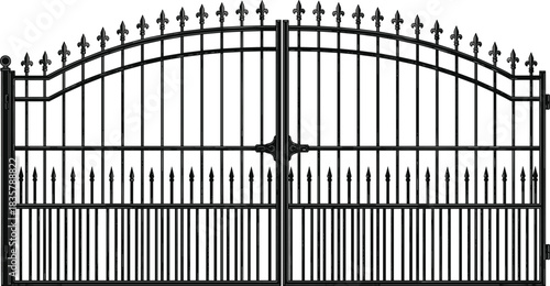 Elegant Black Wrought Iron Arch-Top Double Gate with Ornate Fleur-de-Lis Finials and Spikes, Isolated on White Background for Architectural Design