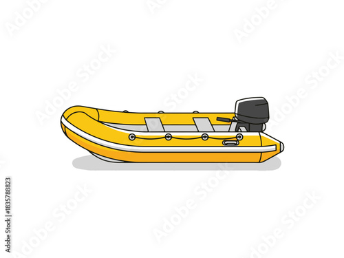 A yellow inflatable boat with a black motor attached to the back, viewed from the side, in a cartoon style illustration.