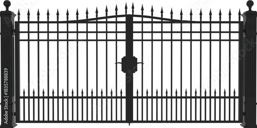 Elegant Black Wrought Iron Security Gate Silhouette, Classic Ornate Double Entry Driveway Fence, Decorative Antique Metal Archway Protection, Isolated on White Background.