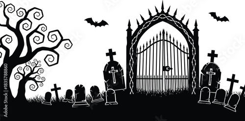 Halloween spooky cemetery graveyard silhouette, black and white gothic gate, bare scary tree, bats, tombstones, crosses, creepy horror holiday vector illustration