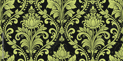 Intricate green floral pattern on a black background, creating an elegant and vibrant visual contrast.