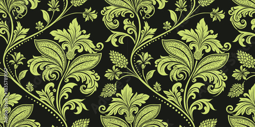 Elegant green floral pattern on a black background, perfect for sophisticated designs.