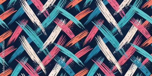 Vibrant abstract pattern featuring colorful brush strokes on a dark navy background.