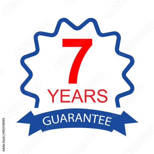 Seven years guarantee badge icon, extended warranty label symbol, long-term certified product quality assurance emblem for reliability