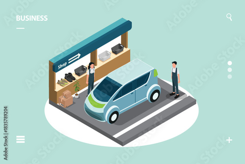 Isometric 3D illustration of a gas station or petrol station for a car and an adult male character