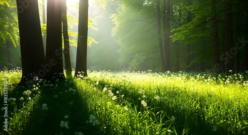 Fototapeta Naklejka Na Ścianę i Meble -  Sunlit forest meadow with wildflowers and trees