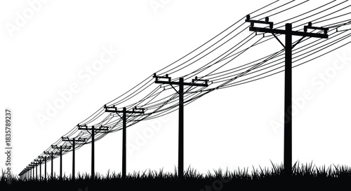 Black and white silhouette of utility poles and power lines stretching into distance, tall grass foreground, rural infrastructure, minimalist vector illustration, high contrast