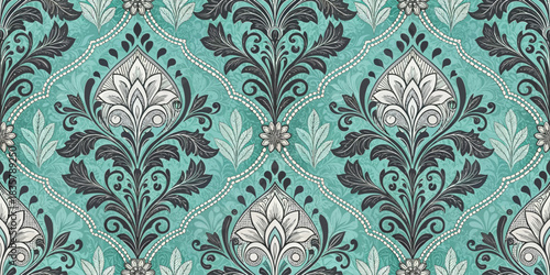 Elegant black and white floral pattern on a turquoise background, perfect for interior design.