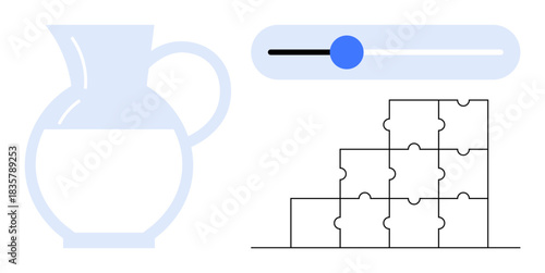 Puzzle concept. Puzzle problem-solving and achieving completeness. Puzzle combined with a control slider and a water jug for customization, solutions, and fluid precision. Suitable for design