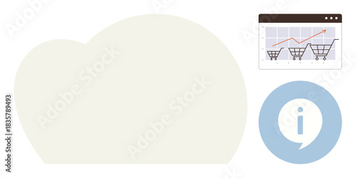 Digital shopping cart trend chart and information speech bubble circle. Ideal for online business, analytics, growth, retail, commerce insights, strategy, market trends, simple flat metaphor