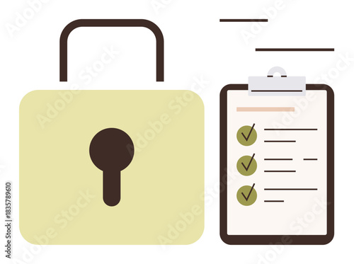 Large padlock beside a checklist with ticked items conveys security, privacy, compliance, and task completion. Ideal for cybersecurity, organization, protection, productivity, guidelines strategy