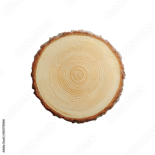 Wooden tree slice with visible growth ring pattern, natural wood texture and bark edge, warm beige tone evokes rustic and organic feeling