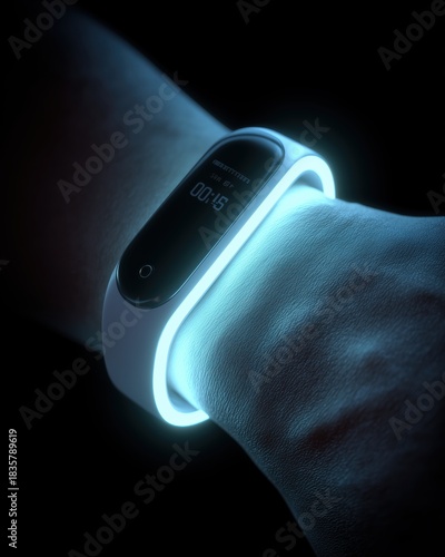 A glowing futuristic smart band lights up on a wrist in a dark environment, symbolizing modern wearable technology and innovation.