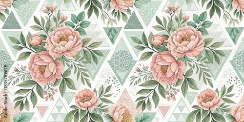 Elegant floral pattern featuring soft pink peonies over geometric green and white triangles.