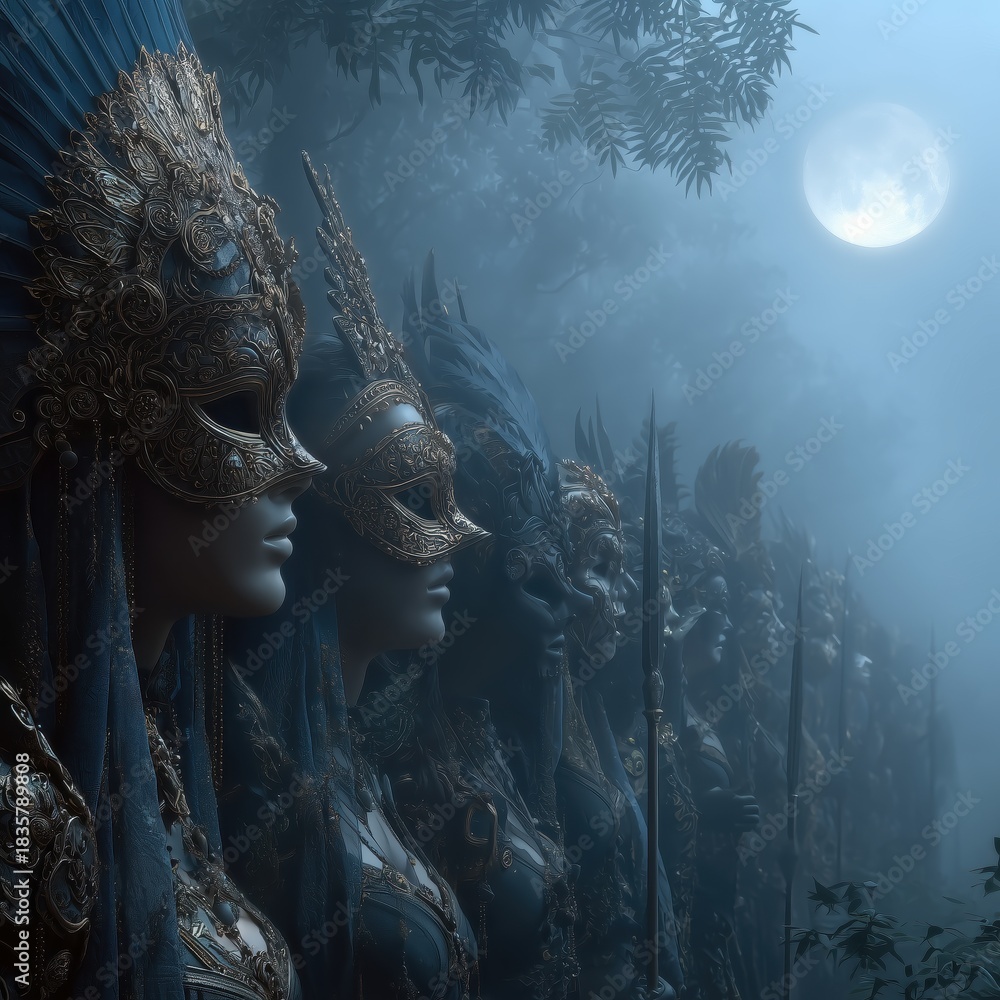 Fototapeta premium A line of armored warriors in ornate masks stand silently in a misty forest under a glowing full moon.