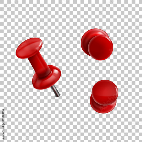Shiny red push pins, one viewed from the side showing its metal pin, and two viewed from the top, against a transparent background.