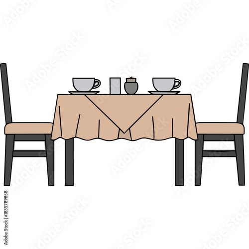 Two Chairs And A Table Set With Two Cups And Saucers For A Meal Or Coffee Break In A Neutral Background