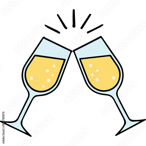 Two Champagne Flutes Clinking Together Filled With Golden Bubbling Beverage With Sparkles Above And Light Blue Rim Against A Black Background Celebration Toasting Event Cheers