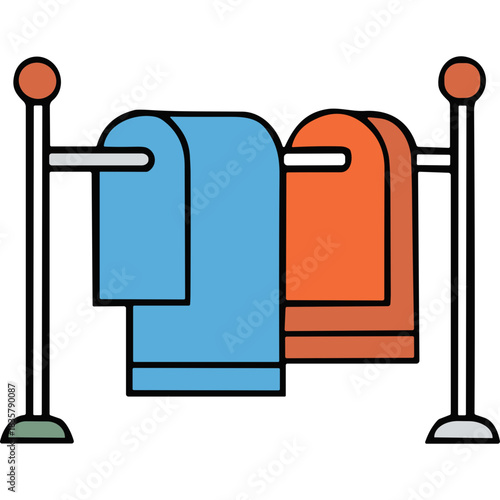 Two Colored Towels Blue And Orange Hung On A Metal Stand In A Simple Illustration With A Black Background And Flat Design Style