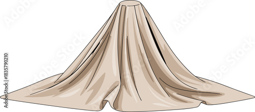 Beige cloth draped over hidden tall object, realistic folds, soft fabric texture, mystery concept, vector art, CAD drawing flat illustration