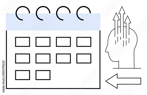 Productivity concept. Productivity through a calendar, mental brainstorming, and growth indicators. Productivity aids time management, strategy, teamwork, and innovation for achieving goals