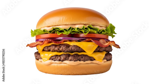 Gourmet Double Bacon Cheeseburger with Melted Cheese and Fresh Vegetables, Isolated on Transparent Background
