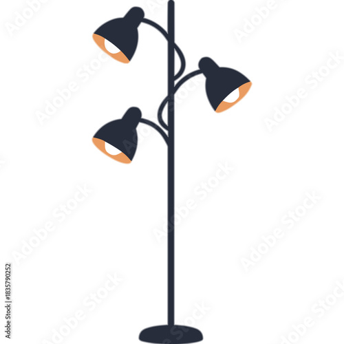 Modern Tall Standing Lamp With Three Adjustable Spotlights Emitting Warm Orange Light On Black Background