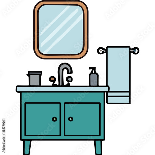 Modern Teal Bathroom Vanity With A Rectangular Mirror And A White Towel Hanging On A Silver Bar With Dispenser Next To Sink And Cup In A Clean Bright Room