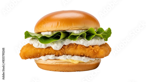 Crispy Fried Fish Sandwich with Lettuce and Tartar Sauce, Isolated on Transparent Background