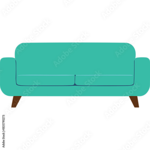 Modern Teal Loveseat Sofa with Dark Wood Legs and Minimalist Design on a Transparent Background