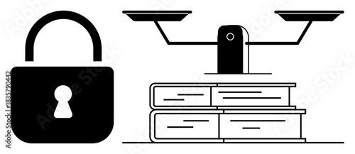 Cybersecurity, legal justice, data privacy, intellectual property, ethical law, information security. Padlock, scales and stacked books. Cybersecurity and legal justice concepts