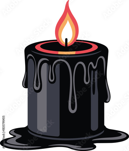 black candle, dripping wax, fiery flame, spooky decor, gothic light, Halloween candle, cad drawing flat vector illustration