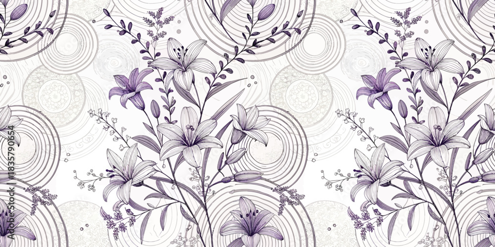 Obraz premium Elegant floral pattern featuring purple lilies and circular designs on a soft white background.